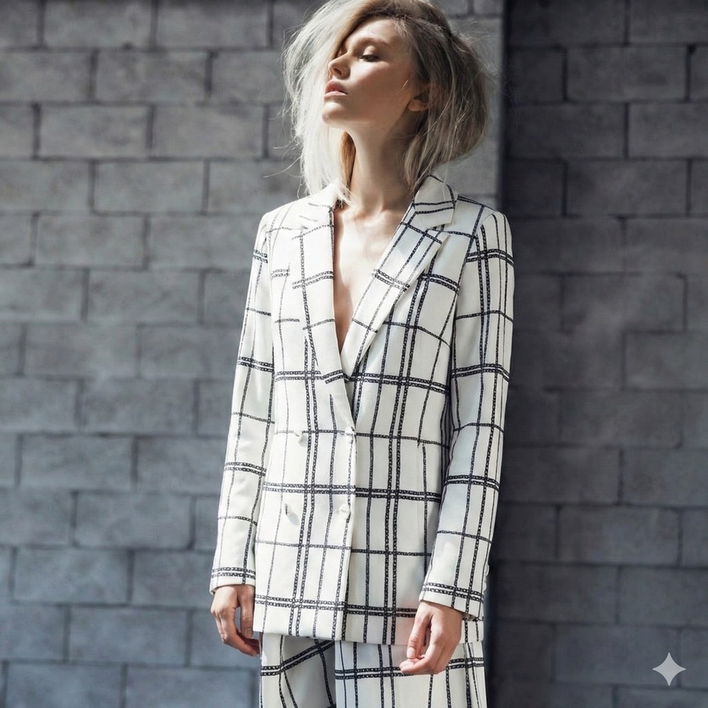 C/MEO Collective White and Black Plaid Blazer